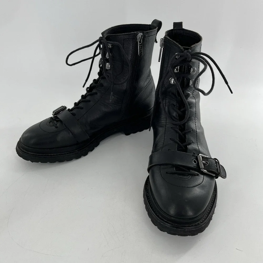Franco Sarto Booties Ankle Boot Block Heel‎ Buckle Lace Zip Moto Black 8.5 Goth